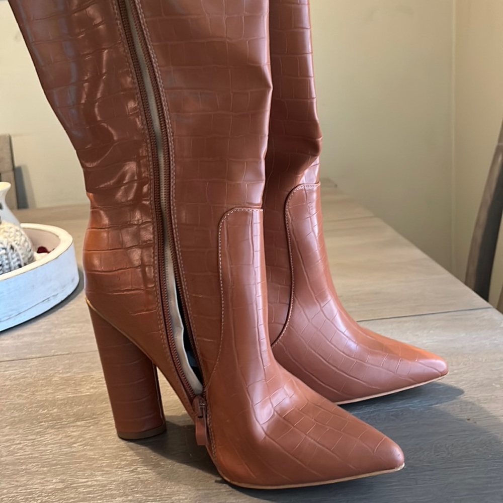 Below the knee chunky heel boot